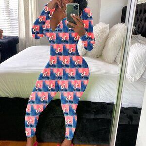 D114 Tik Tok Printed Long Sleeve Long Adult One Piece Pajama